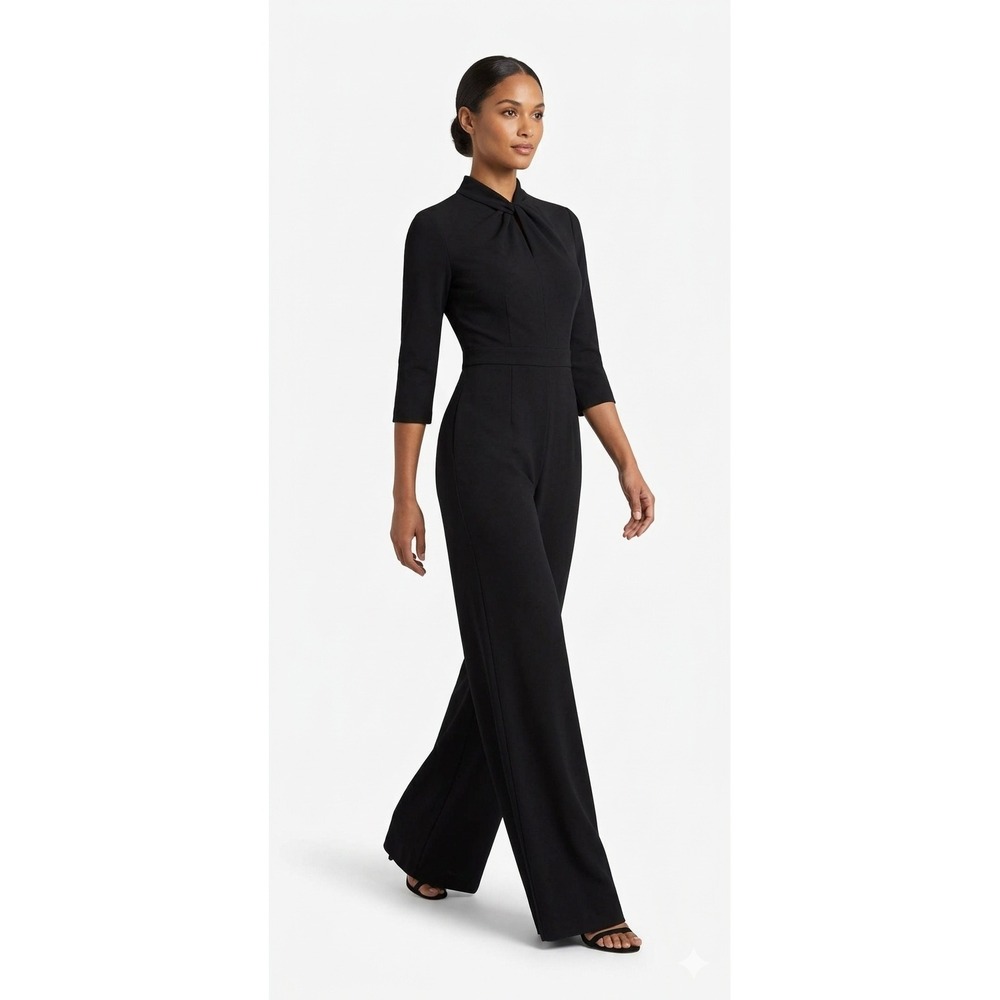 Donna Morgan navy Twist Neck Wide Leg Jumpsuit Size 4 3/4 Sleeve Crepe
